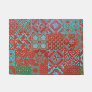 Cool, trendy Aegean tiles in red and blue Doormat