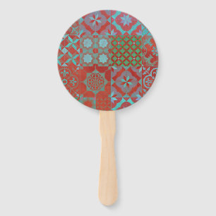 Cool, trendy Aegean tiles in red and blue Hand Fan