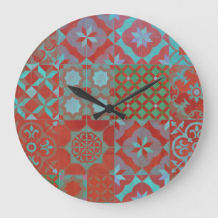 Cool, trendy Aegean tiles in red and blue Large Clock