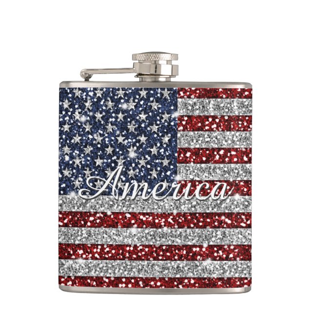 Cool trendy America flag shining faux glitter Hip Flask (Front)