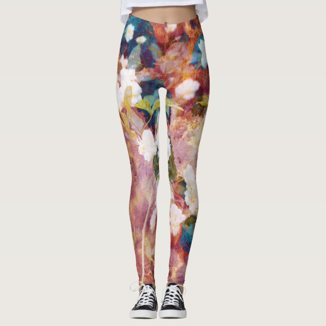 Cool, trendy art of romantic flower pattern leggings (Front)