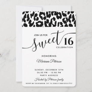 Cool Trendy black white leopard sweet 16   Invitation
