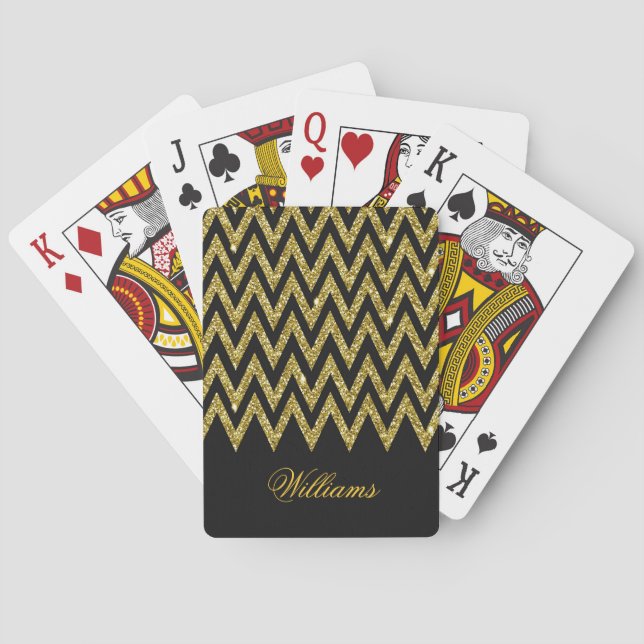 Cool trendy chevron zigzag gold faux glitter playing cards (Back)