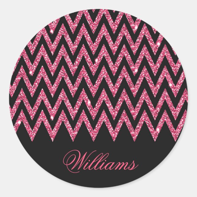 Cool trendy chevron zigzag hot pink faux glitter classic round sticker (Front)