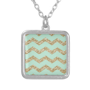 Cool Trendy Chevron Zigzag Mint Faux Gold Glitter Silver Plated Necklace