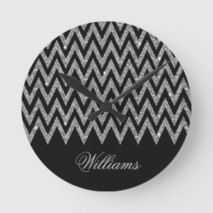 Cool trendy chevron zigzag silver faux glitter round clock