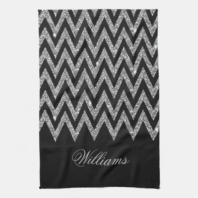Cool trendy chevron zigzag silver faux glitter tea towel (Vertical)