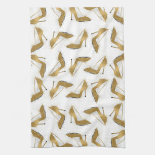 Cool trendy faux gold glitter high heel shoes tea towel