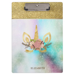 Cool Trendy Gold Glitter Unicorn Face-Personalised Clipboard