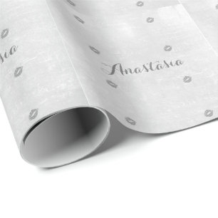 Cool Trendy Grey Kiss whit your name Wrapping Paper