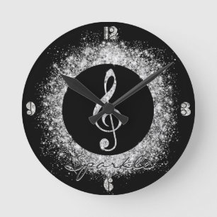 Cool Trendy Music Treble Clef Glitter Sparkles  Round Clock