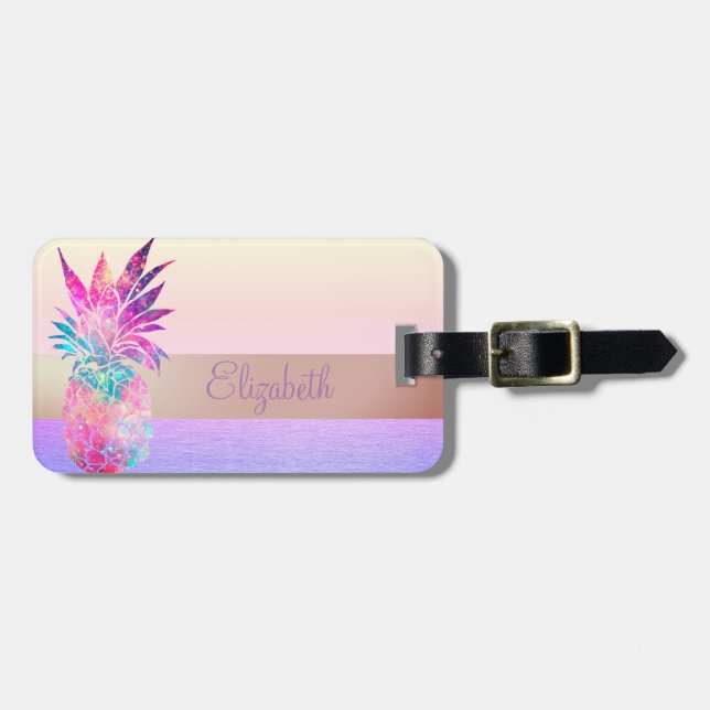 Cool Trendy Striped, Colourful Pineapple Luggage Tag (Front Horizontal)