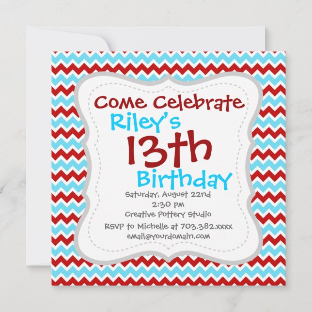 Cool Trendy Teal Turquoise Red Chevron Zigzags Invitation (Front)