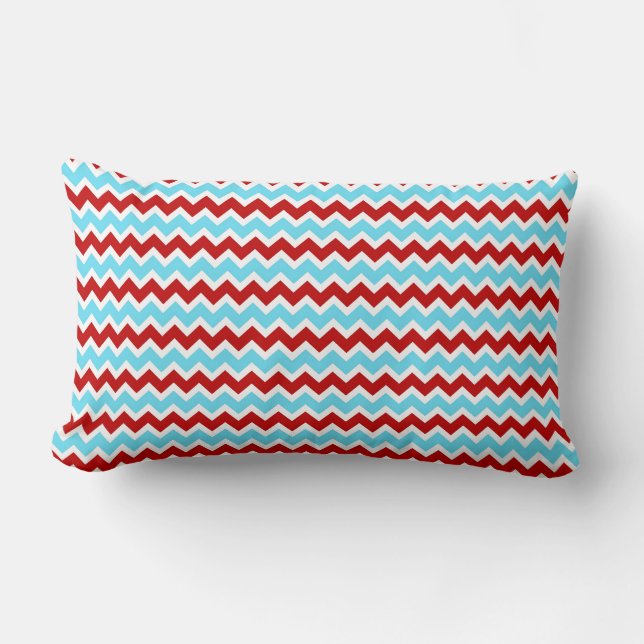 Cool Trendy Teal Turquoise Red Chevron Zigzags Lumbar Cushion (Front)
