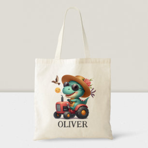 Cool Trex Dinosaur Farmer Driving Red Tractor Tote Bag