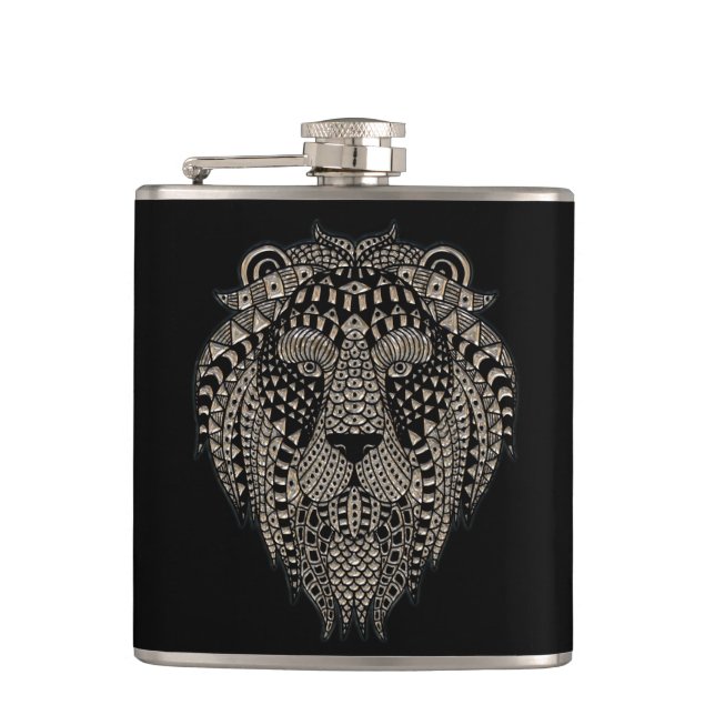 Cool Tribal Metallic Lion Head Hip Flask (Front)