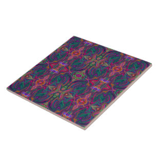 Cool Trippy Green, Orange and Purple Wavy Pattern Ceramic Tile