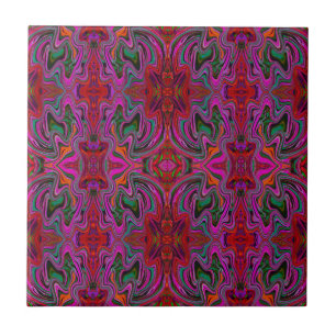 Cool Trippy Magenta, Red and Green Wavy Pattern Ceramic Tile