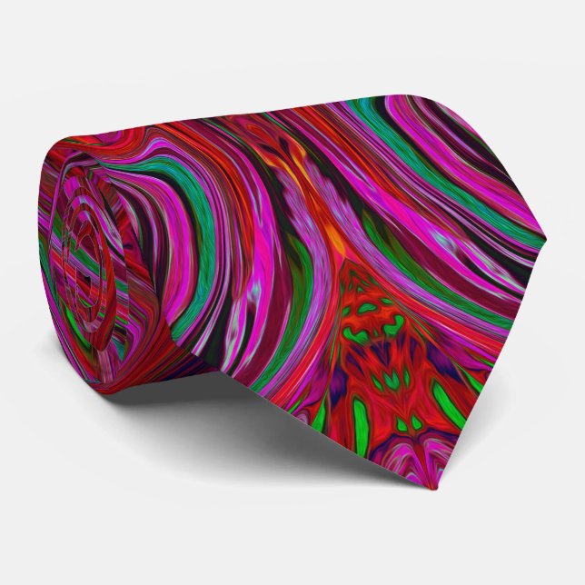 Cool Trippy Magenta, Red and Green Wavy Pattern Tie (Rolled)