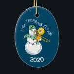 Cool Trombone Player Ceramic Ornament<br><div class="desc">Cool Trombone Player text with a snowman musician playing a horn and wearing a music note scarf is a humourous winter design to tickle the funny bone of low brass musicians and music teachers. 

The date can be changed.</div>