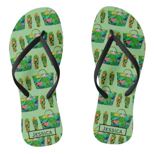 Cool Tropical Accessory Pattern Green Personalised Thongs (Footbed)