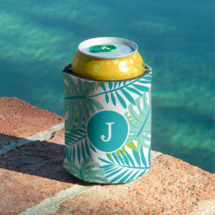 Cool Tropical Leaves Monogrammed Can Cooler