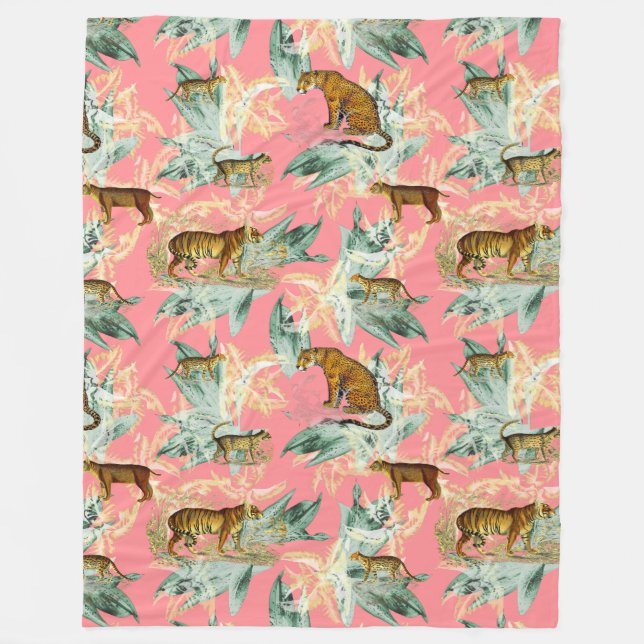 Cool Tropical Safari Wild Cats Tiger Pink Fleece Blanket (Front)