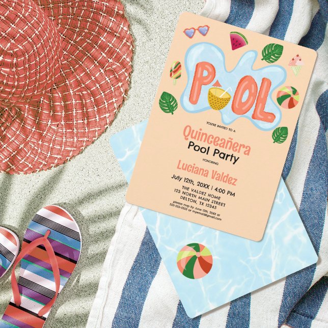 Cool Tropical Summer Pool Party Quinceañera Invita Invitation (Creator Uploaded)