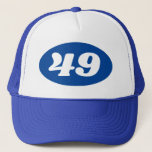 Cool trucker hat men's 49th Birthday party!<br><div class="desc">Cool trucker hat men's 49th Birthday party! Add your own custom age number. Cap with oval logo with year or age number. Fun accessory for men and women turning forty nine. Fun headwear for surprise parties. Great for husband, wife, grandma, uncle, grandpa, father, grandfather, cousin, brother, dad, best friend, co...</div>