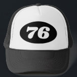 Cool trucker hat men's 76th Birthday party!<br><div class="desc">Cool trucker hat men's 76th Birthday party! Add your own custom age number. ie 70th 71st 72nd 73rd 74th 75th 76th 77th 78th 79th 80th etc. Cap with oval logo with year or age number. Fun accessory for men and women turning seventy six. Fun headwear for surprise parties. Great for...</div>