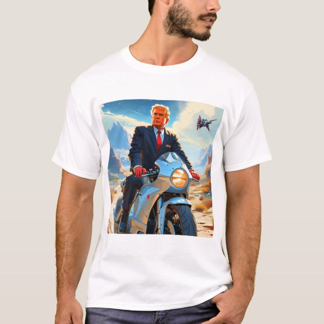 cool Trump Motorcycle Alien Planet Spaceship MAGA T-Shirt (Front)