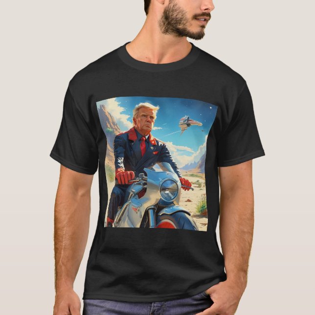 cool Trump Motorcycle Alien Planet Spaceship MAGA T-Shirt (Front)