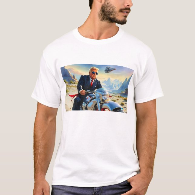 cool Trump Motorcycle Alien Planet Spaceship MAGA T-Shirt (Front)