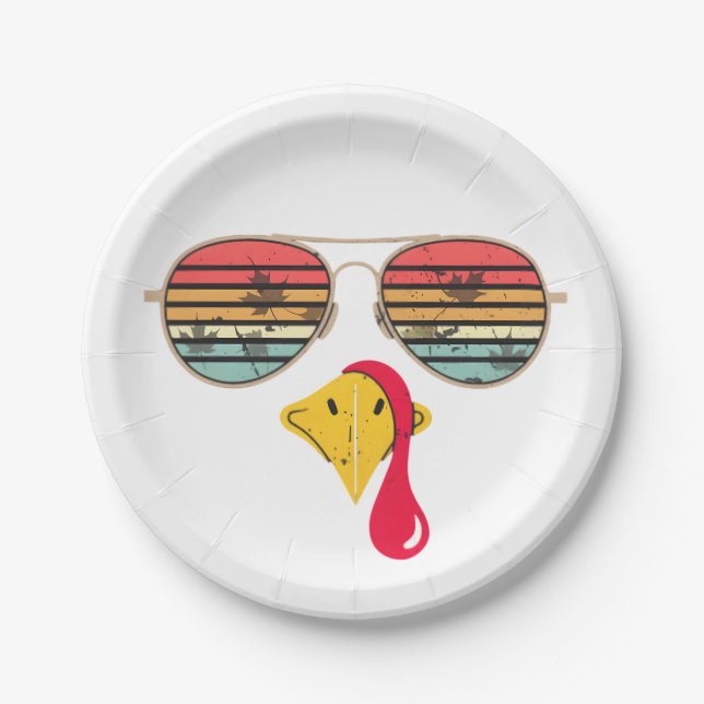 Cool Turkey Face Glasses Retro Funny Thanksgiving Paper Plate (Front)