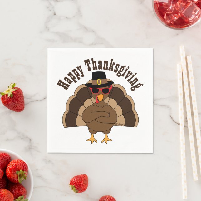 Cool Turkey Happy Thanksgiving Custom text Paper Napkin (Insitu)