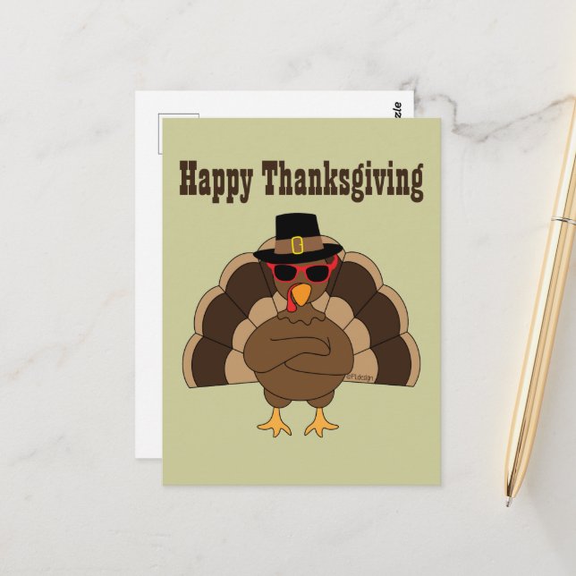 Cool Turkey Happy Thanksgiving custom text Postcard (Front/Back In Situ)