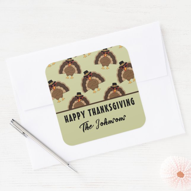 Cool Turkey Happy Thanksgiving Family name text Square Sticker (Envelope)