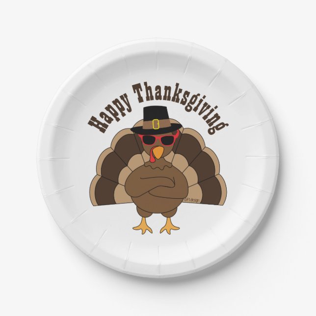 Cool Turkey Happy Thanksgiving fun Custom text  Paper Plate (Front)