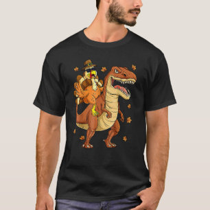 Cool Turkey Riding A rex Dinosaur Yellow Leaf Than T-Shirt