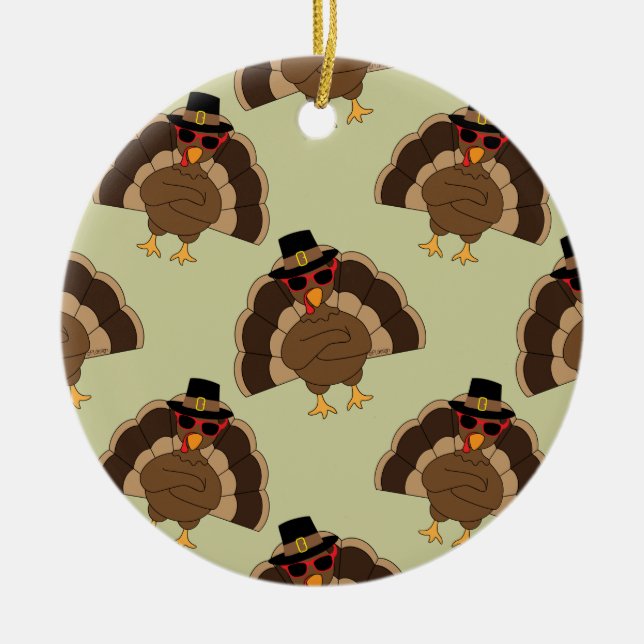 Cool Turkey Thanksgiving fun brown green pattern Ceramic Ornament (Front)