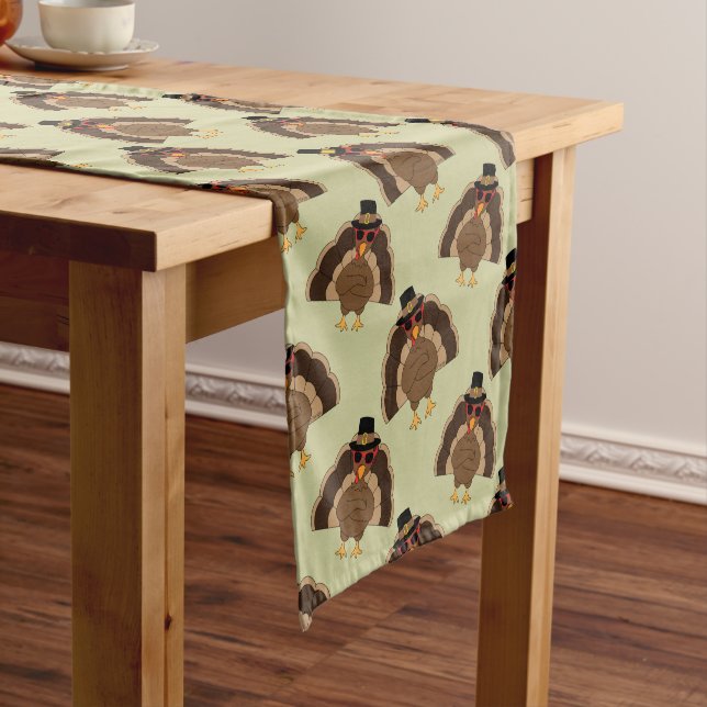 Cool Turkey Thanksgiving fun brown green pattern Short Table Runner (In Situ)