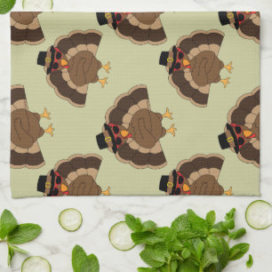 Cool Turkey Thanksgiving fun brown green pattern Tea Towel