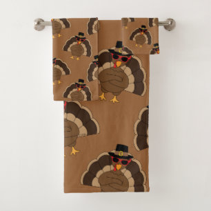 Cool Turkey Thanksgiving fun brown pattern Bath Towel Set