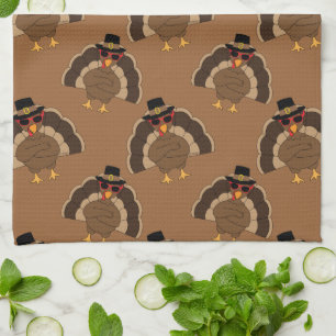 Cool Turkey Thanksgiving fun brown pattern Tea Towel