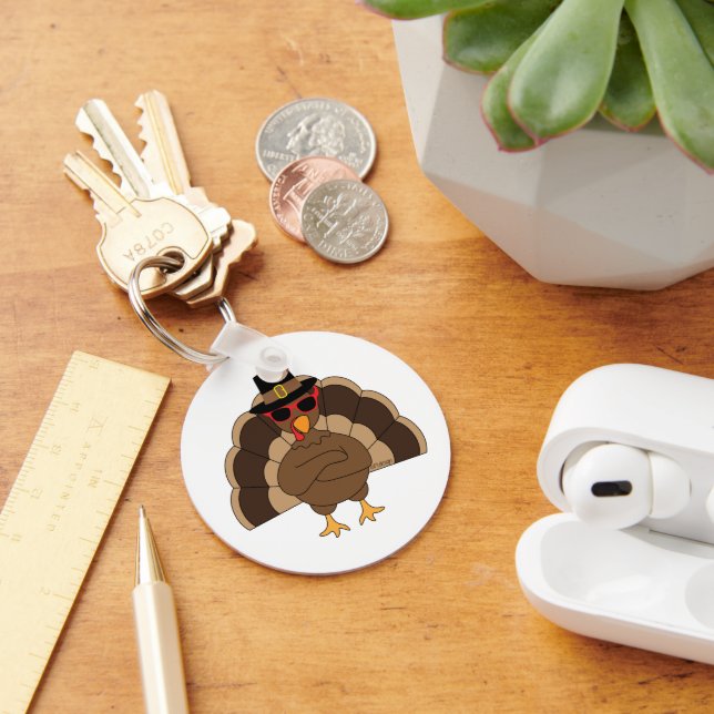 Cool Turkey with sunglasses Happy Thanksgiving Key Ring (Desk)