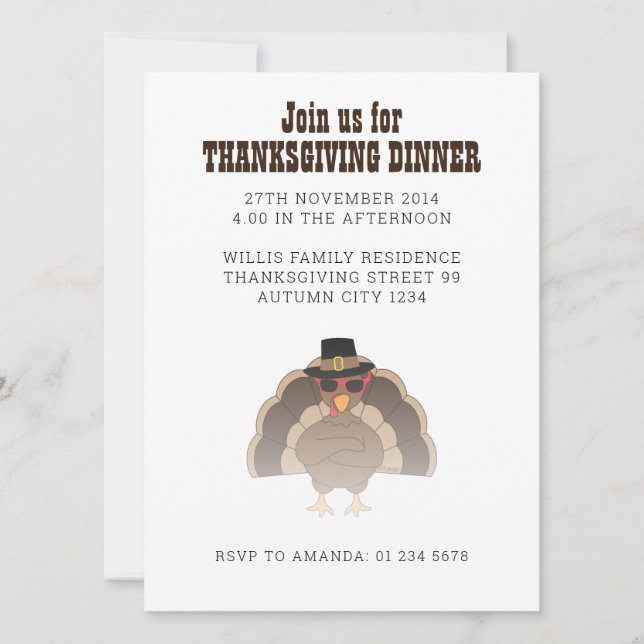 Cool Turkey with sunglasses Thanksgiving dinner Invitation (Front)