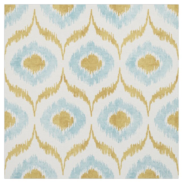 Cool turquoise and gold ikat tribal pattern fabric (Swatch)