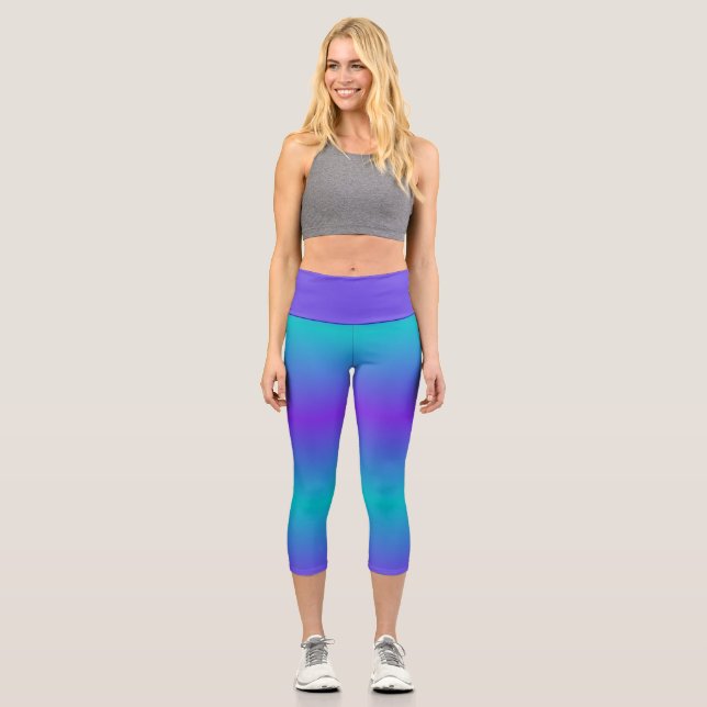 Cool Turquoise and Purple Ombre Stripes Capri Leggings (Front)