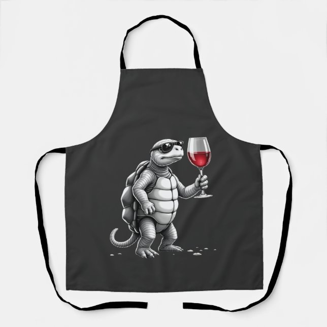 cool turtle drinking red wine art print_1 (2) apron (Front)