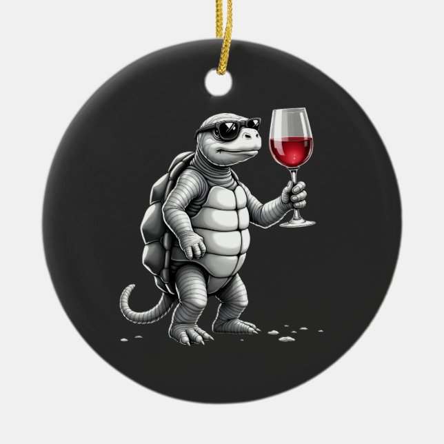 cool turtle drinking red wine art print_1 (2) ceramic ornament (Front)